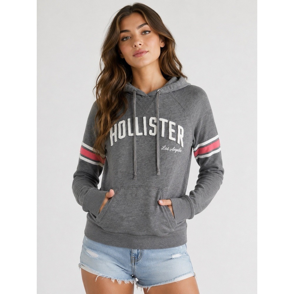 Hollister‎ Gray Pullover Hoodie Pink Stripe Sleeve Logo Sweatshirt Medium